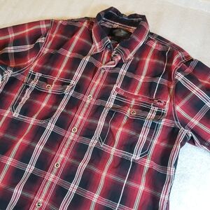 Harley Davidson Men's Large Red Black Plaid Snap Front Short Sleeve Shirt Summer